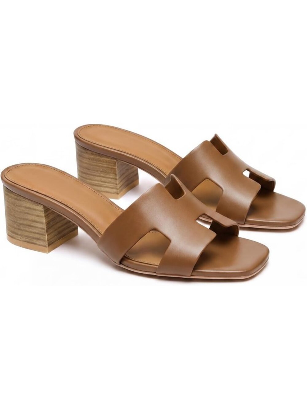 Women's Brown Square Open Toe Low Block Chunky Heels Slip On Slides Sandals - Picture 7 of 7